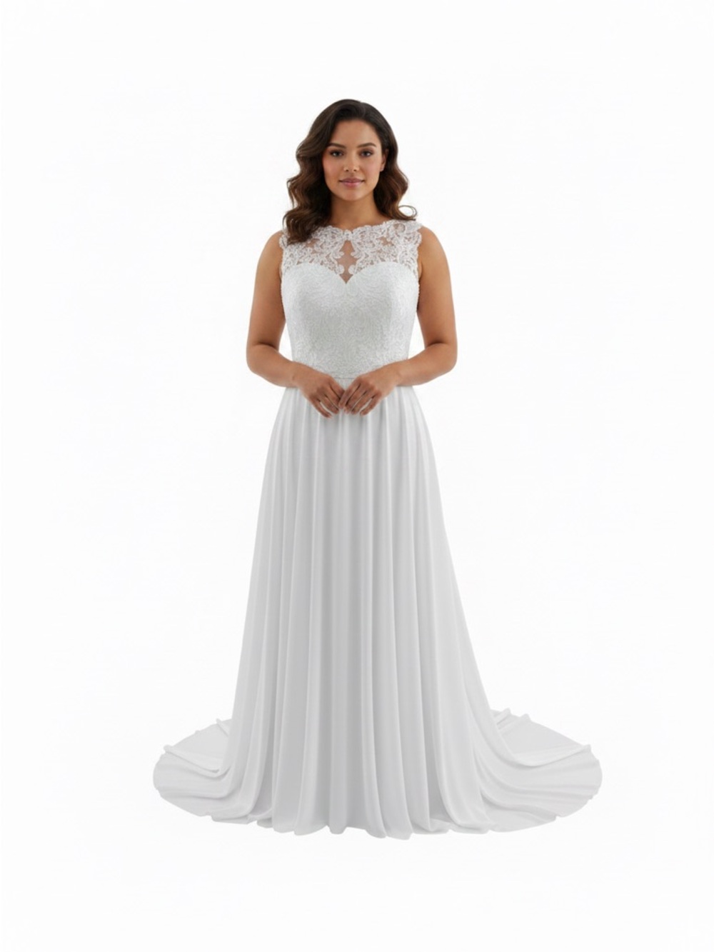 Lace Bodice Chiffon A-Line Wedding Dress in White